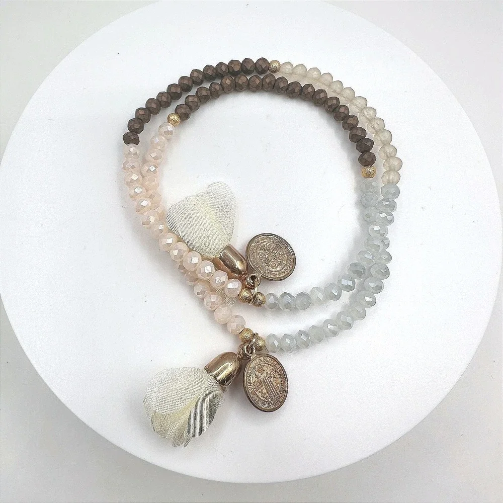 Vintage‎ 90s Religious Medal Beaded Stretch Bracelet Boho Tassel Neutral Tones